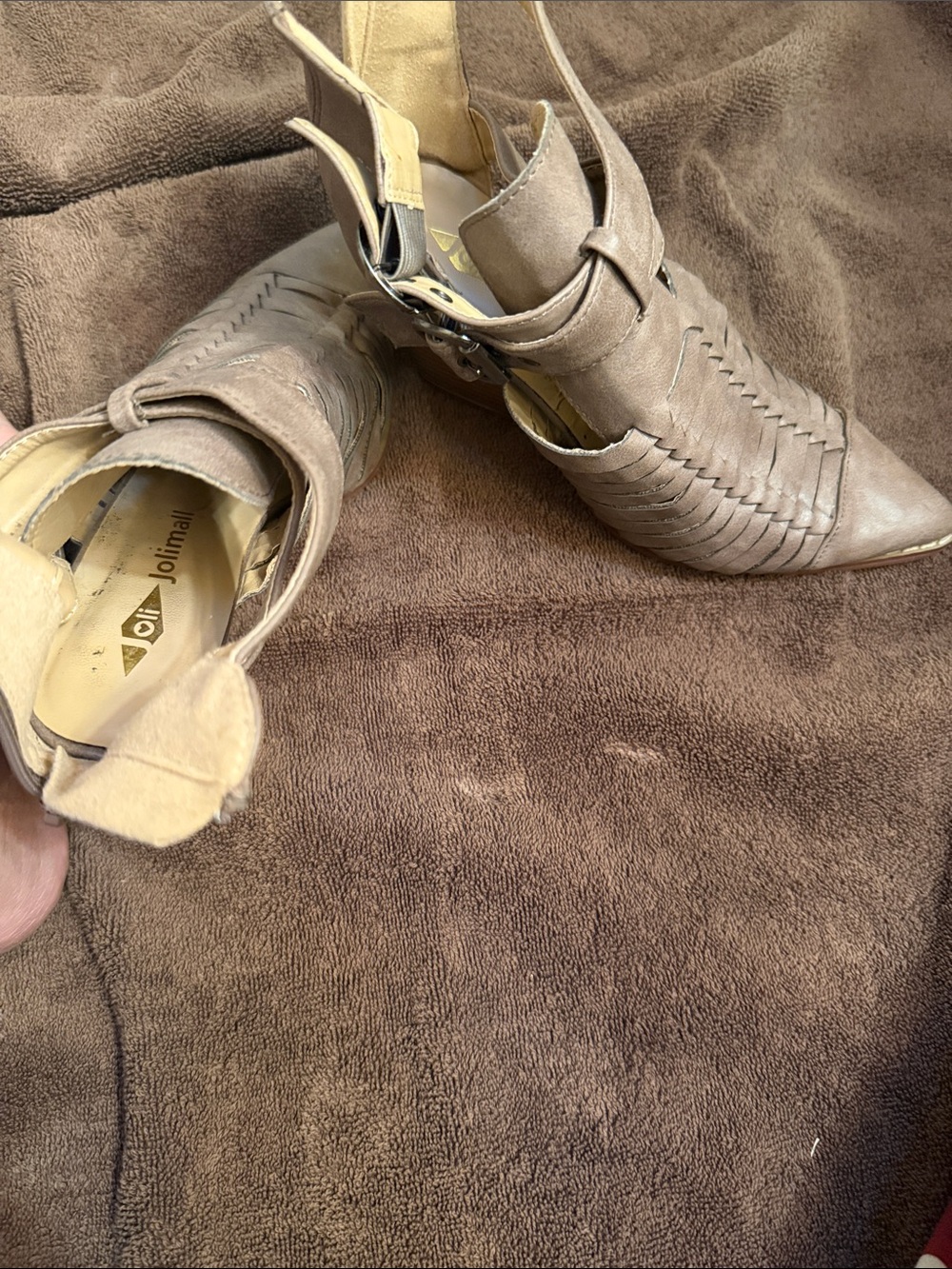 JOLI MALL Taupe Woven Pointed Toe Ankle Heels